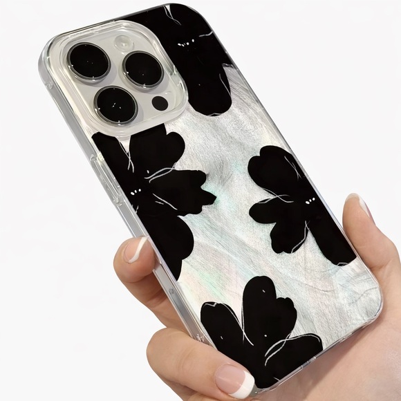 Apple iPhone Phone Case Floral Transparent Case Silver Feathery Black Flowers - Picture 6 of 6